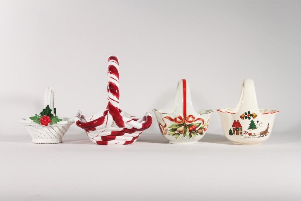 Decorative Ceramic Christmas Baskets (4): One Nuovs Capodimonte 5.5" basket, one 8" Lillian Vernon made in China candy cane design ceramic basket, and more all are in good condition
