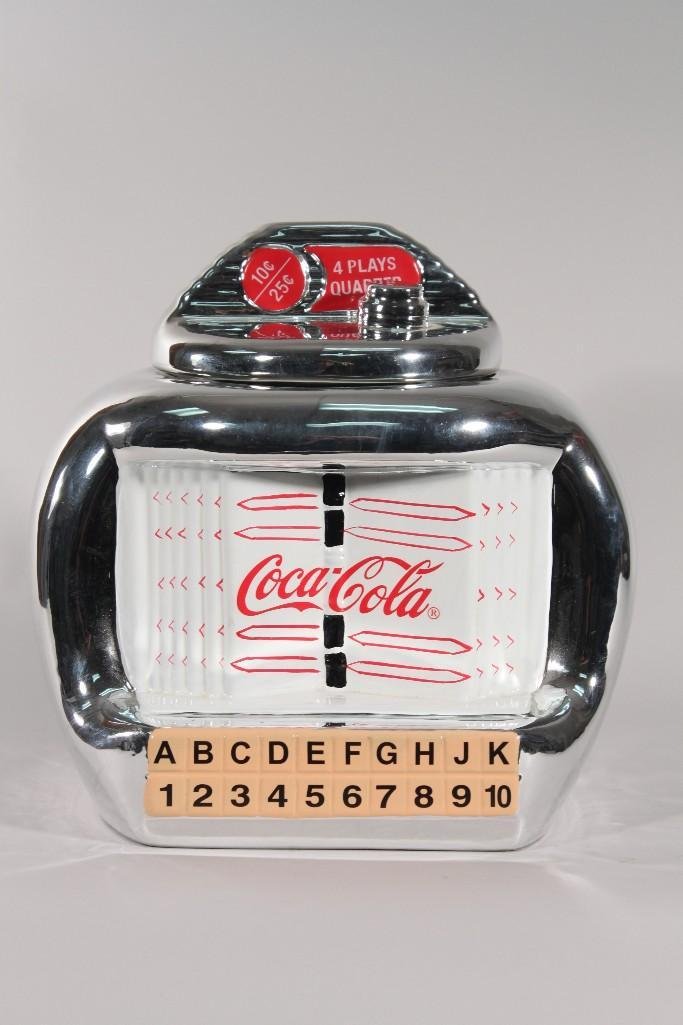 Coca Cola Jukebox Cookie Jar: New out of Box, sticker says marketed by Gibson Housewares, 10" tall
