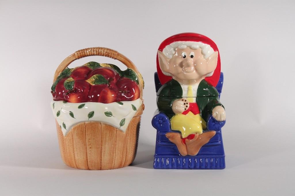 Keebler Elf and Apple Basket Cookie Jars (2): Keebler Elf is stamped Copyright 1998 Keebler Company, no chips or repairs. Apple basket is stamped Cooks Club Quality and Design China, no chips or repairs. 