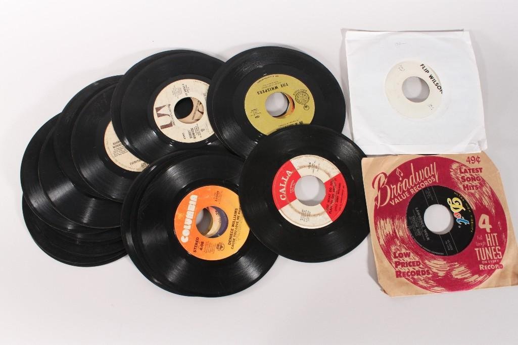 45 RPM Vinyl Records (22): Labels include: Liberty, 20th Century Fox, Columbia, Scepter Records, Soul, United artist and others, artist include, Dion Warwick, Bobby Womack, Jr. Walker and the all stars, Flip Wilson, an oth