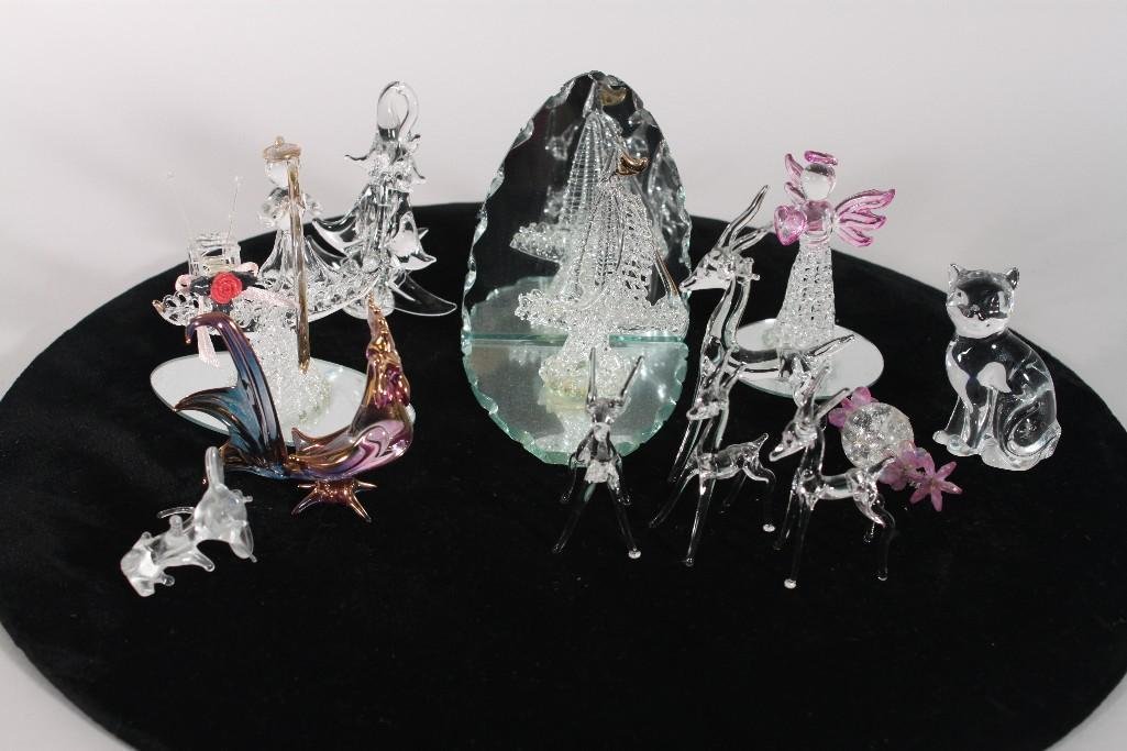 Glass Figurines (12): Art glass deer, rooster, cat, Christmas tree, angel and more 
