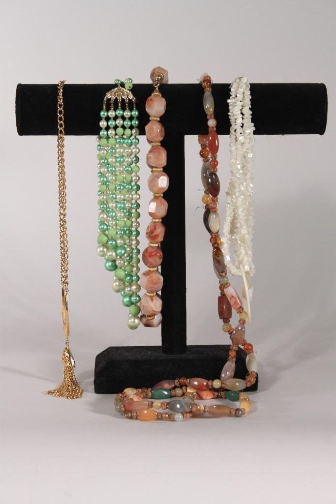 Vintage Natural stone and Beaded Costume Jewelry: Lot includes one 10" shell necklace, one 26" natural stone necklace, green faux pearl choker, and more 