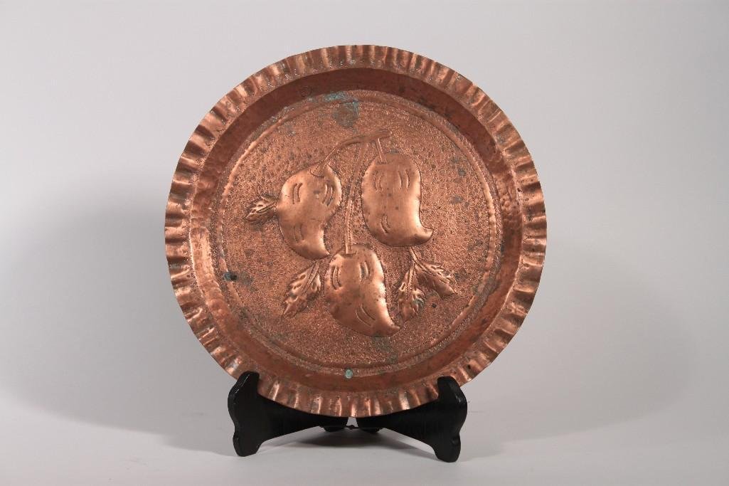 Antique Round Copper Tray: Has acorn and leaf design, has tarnish, some imperfections from use 