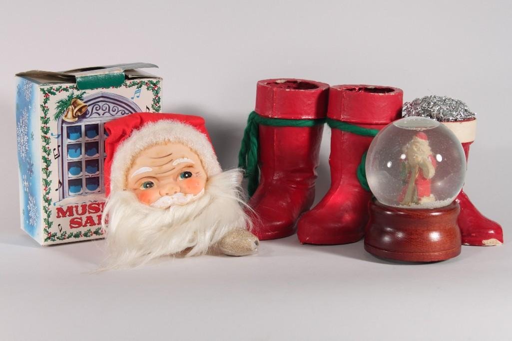 Vintage Christmas Decor (5): Musical Santa with box made in Japan, (3) Papier-mache boots, and a musical snow globe 