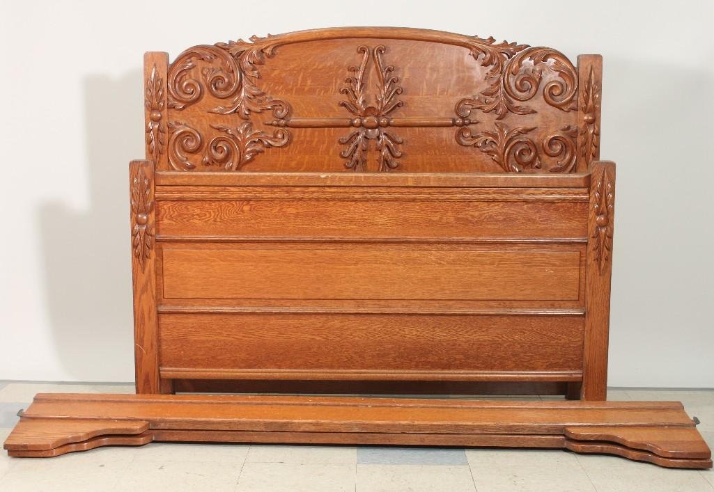 Antique Carved Wood Full Size Bed Frame: Ornate carving on headboard, 48" tall, 58" wide, footboard is 32" tall, includes rails, shows some wearTHIS IS ACTUALLY A FULL SIZE