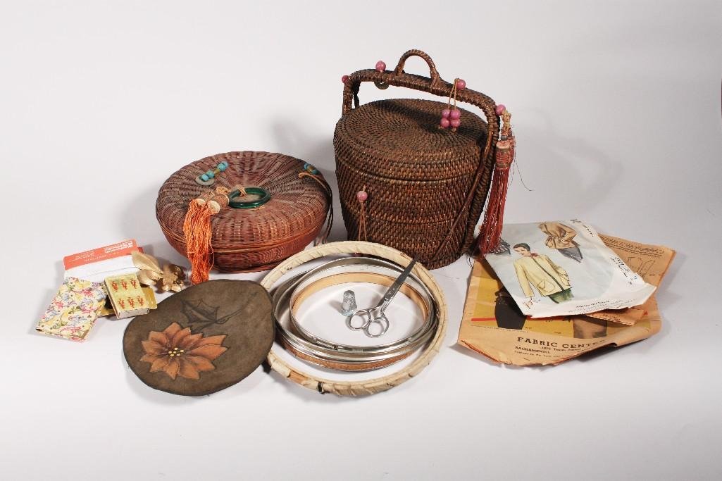 Vintage Sewing Accessories: includes two baskets, buttons, thread, embroidery hoops, patterns, elastic, and more.