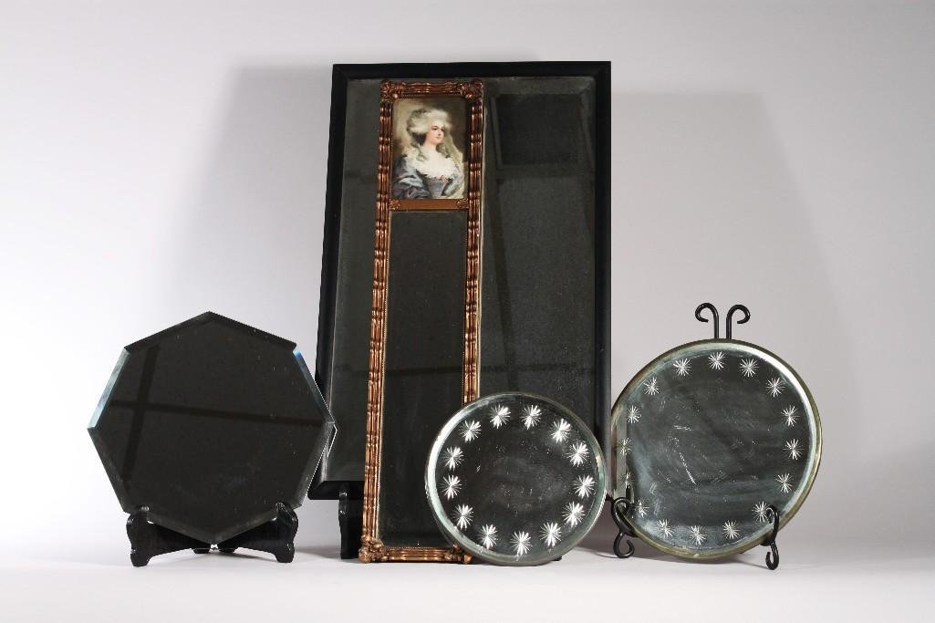 Wall and Table Mirrors (5): gold frame wall mirror has a small print at the top measures 23"x5", beveled wall mirror measures 21.5"x13" (mirror shows age), beveled octagon table mirror measures 11" acros