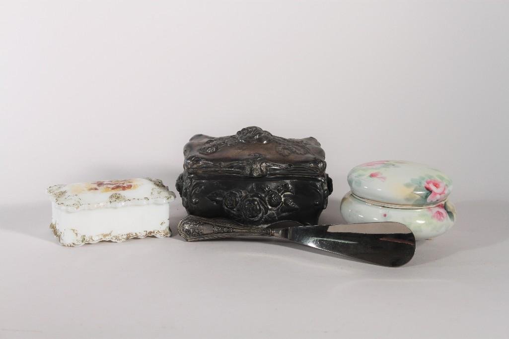 Trinket Boxes and Sterling Shoe Horn (4): Hand painted nippon three footed porcelain trinket box, hand painted milk glass trinket box, Rogers silver plate Co. rose motif box, and a shoe horn that is marked sterling on the handl