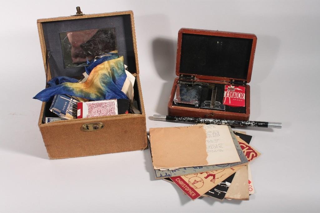 Vintage Magic Tricks Assortment: Box with a deck of cards and magic implements, another box that contains cards, scarves, rope, Paper money, magic books, titles include: 50 Tricks with a Thumb Tip, Milk Pitcher Magic, Magic for Barte