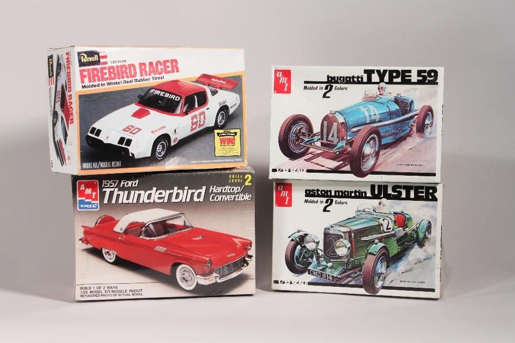 Amt Model Kits (4): three in packaging. Aston Martin Ulster, AMT Bugatti type 59, AMT 1957 Ford Thunderbird hardtop/convertible, and a Rebel Firebird Racer has been opened cant guarantee all pieces ar