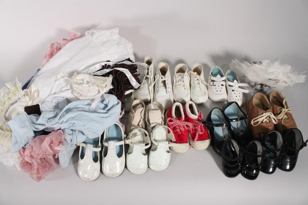 Children's Vintage Clothes & Shoes: Lot includes leather fringed vest, lace dress with bonnet, 13 pairs of shoes, and more 