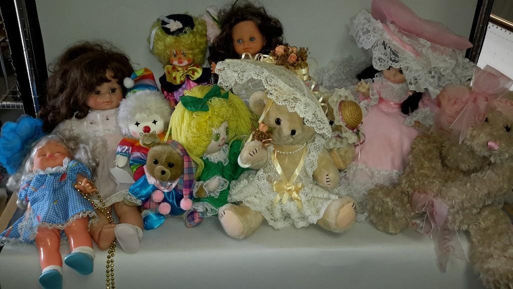 Dolls and Plush Animals (12): 5 plastic and rubber dolls various sizes, 1 cloth doll, plush musical clown, and other plush toys.
