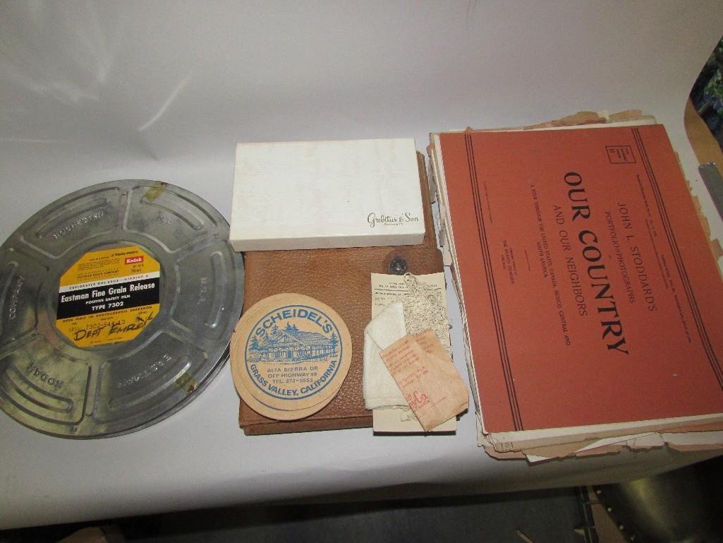 Vintage Collectibles: Vintage leather stationary set, film canister, beer coasters, portfolio of photographs "our Country", and more 