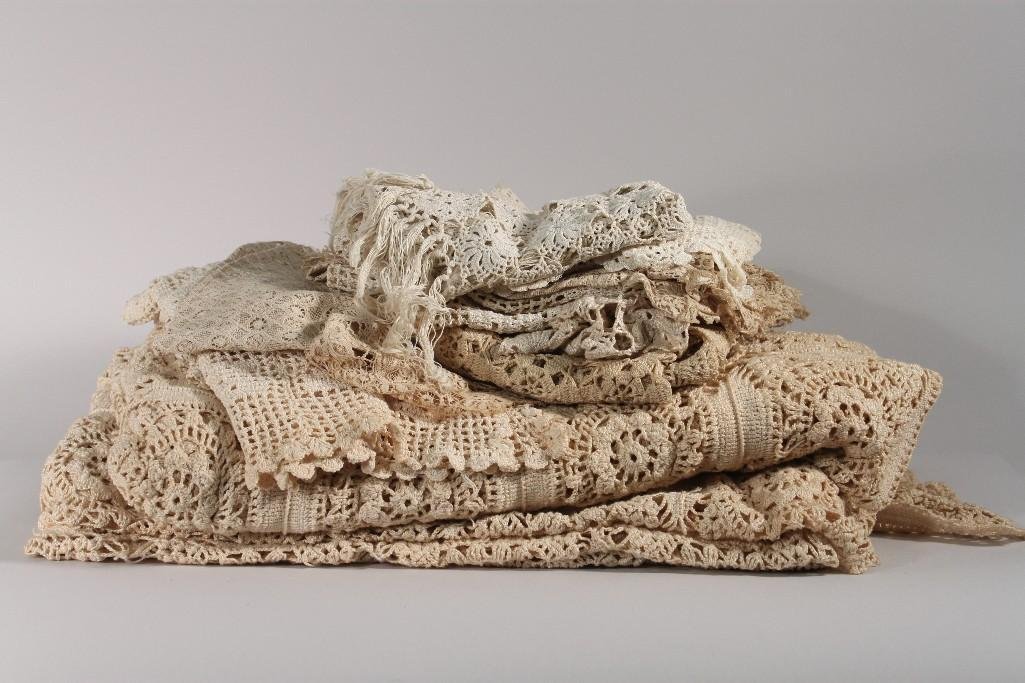 Vintage Crocheted Table Cloths (12): Table Toppers and one large table cloth measures 76" x 76"
