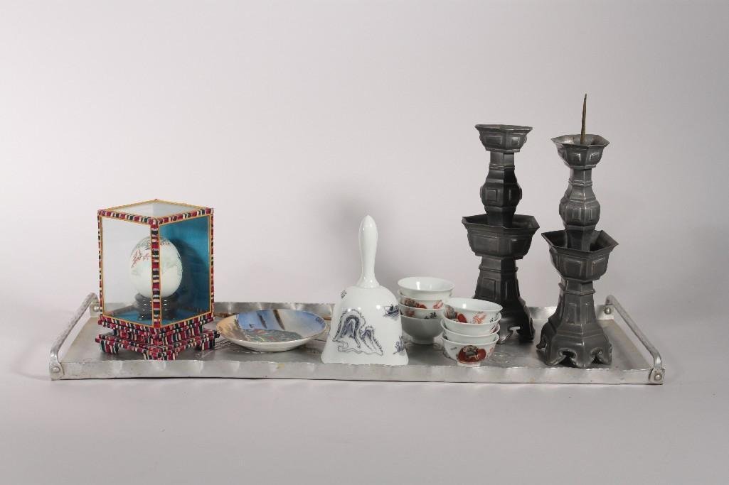 Asian Style Decor (15): Hong Kong Bell, hand painted egg shell, brass candle snuffer, metal tray, and more.