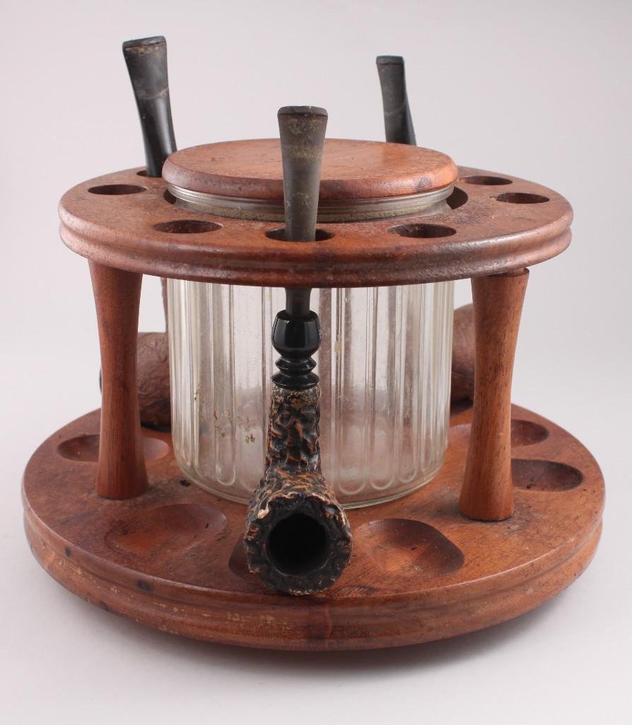 Tobacco Pipes and Caddy: Tobacco jar, swivel wooden caddy and 3 pipes