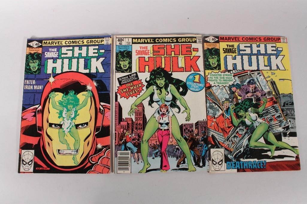 Savage She-Hulk Comic Books (3): 1980's First Appearance Vol 1, #1; Vol. 1, #2; Vol. 1, #6. Very good condition, not rated.