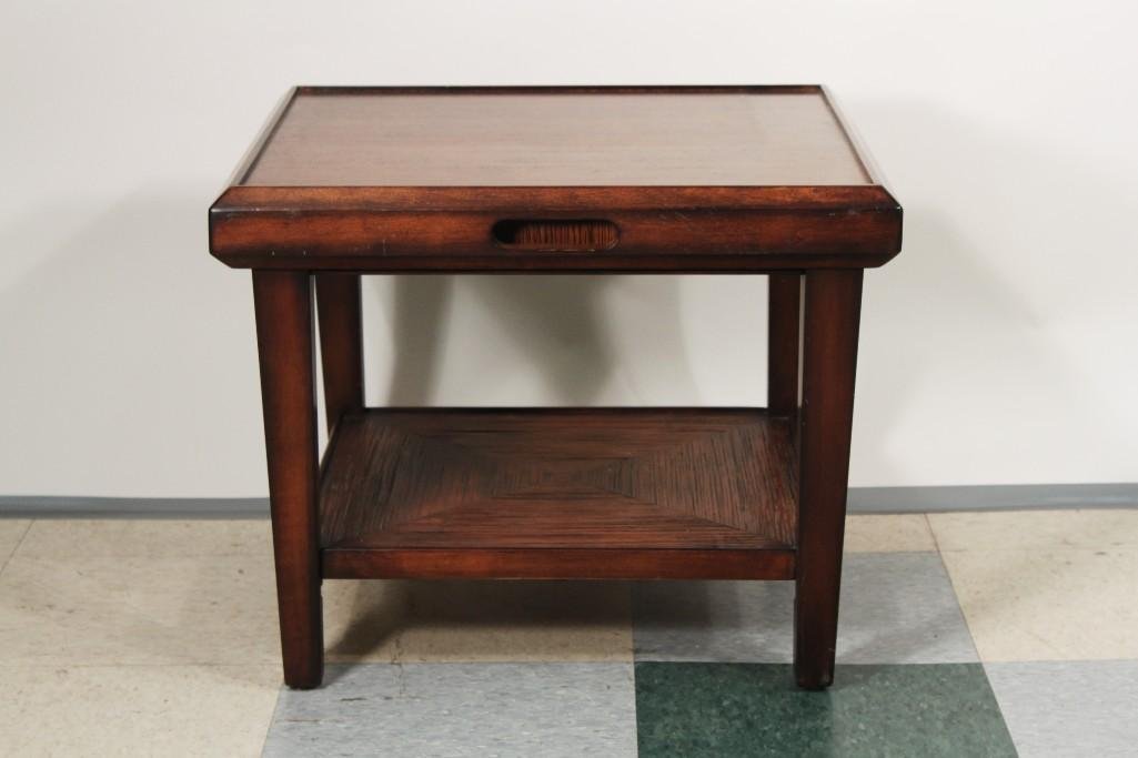 Wood End Table With Removable Serving Tray: 22" x 20" x 22", removable wood serving tray, one shelf on bottom, fair condition