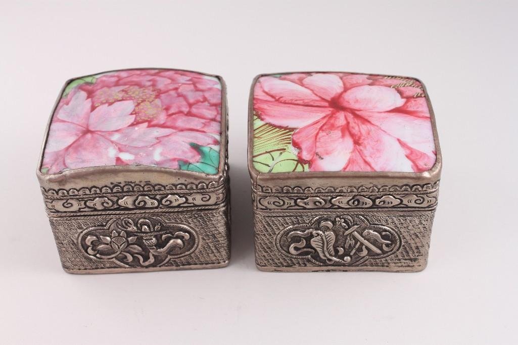 Chinese Floral Porcelain and Silver Metal Boxes (2): Hand Painted floral design on nicely detailed silver metal square boxes. 3.5" x 3/5" x 2.5" tall