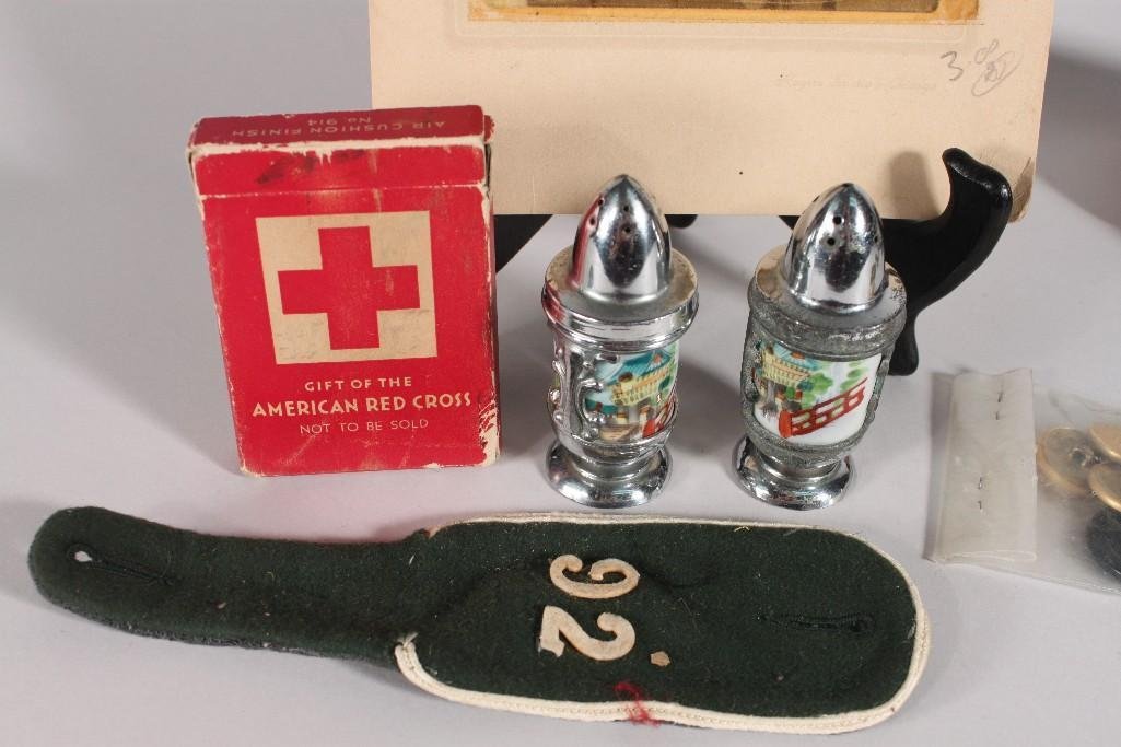 Military Memorabilia: Uniform buttons, Aviator Playing Cards, Hatchet Blade, Occupied Japan salt and pepper shakers, brass items and a photo of 'Jimmy'