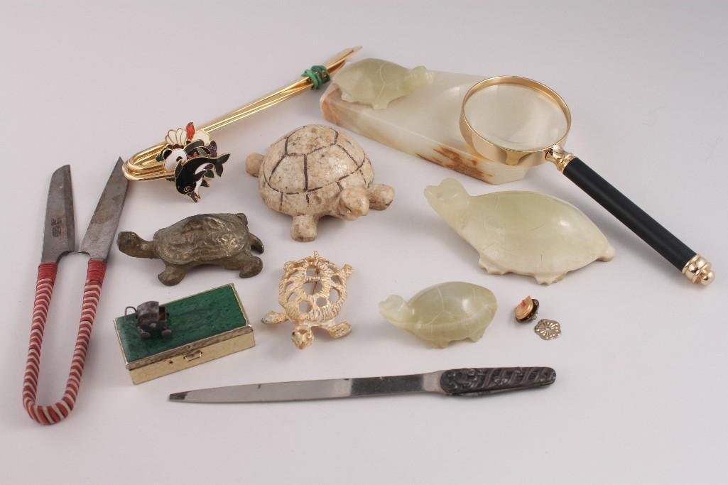Desk Accessories and Turtle Figurines: stone and metal turtle figurines, a stone ashtray with turtle figure, magnifying glass, letter opener, book markers and more