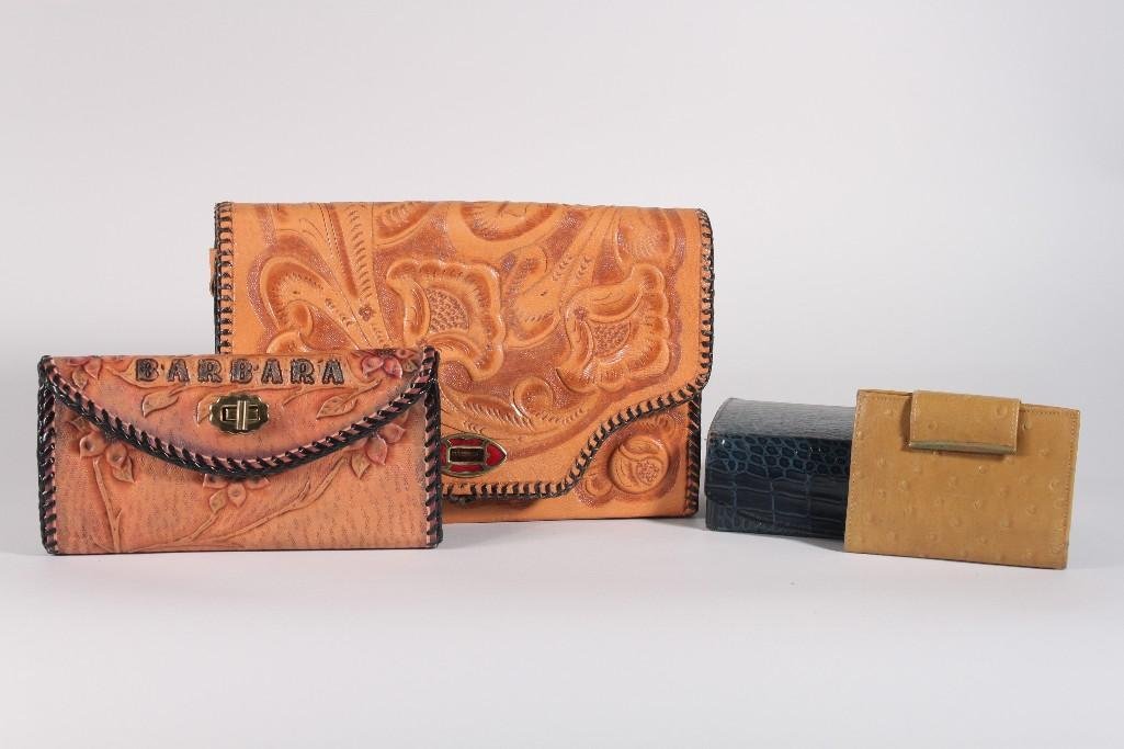 Leather Tooled Handbags and Wallets: Hand Tooled and Cow Hide handbag, hand tooled wallet with "Barbara" inscribed plus a allegator skin like box an another wallet.