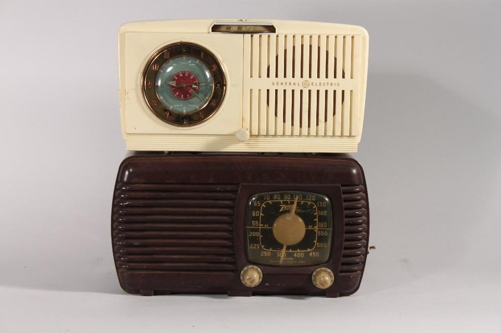 Vintage Zenith & General Electric Radios (2): Bakelite Zenith radio is missing its cord (12" wide), GE radio alarm clock model 516 needs rewiring (11.5" wide), radios have some scratches and show some wear