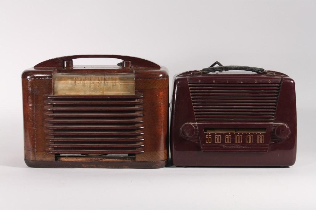 Philco & Packard Bell Radios (2): Packard Bell radio has wood case model 651, needs rewiring, 12" wide, Philco radio has Bakelite case and leather handle also need rewiring 