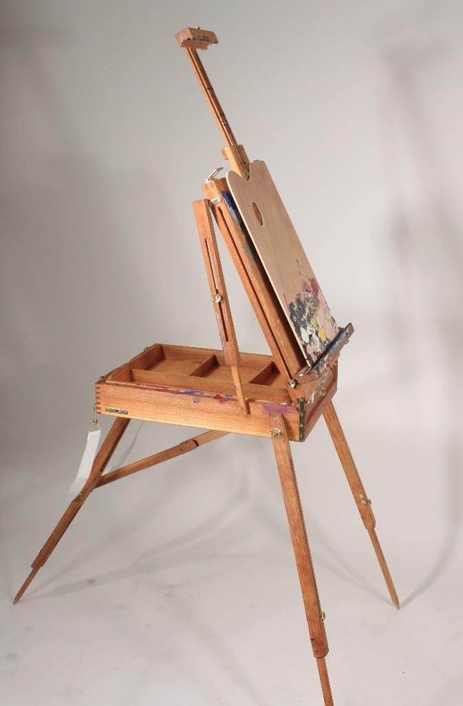 Portable Easel and Art Supplies: In the closed position easel measures 22'' tall, 16'' wide, and 6'' deep. Opens up to have 3 adjustable legs. Also includes wood palette, mix and save paint cup, and case with art supplies. (hinges on