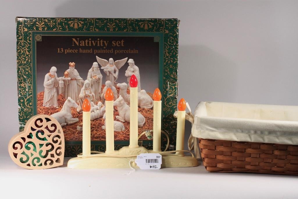 Christmas and Home Decor: Hand painted porcelain Nativity set with original box, 5 light electric candolier, heart shaped gift box, and a 15" x 19" oblong basket