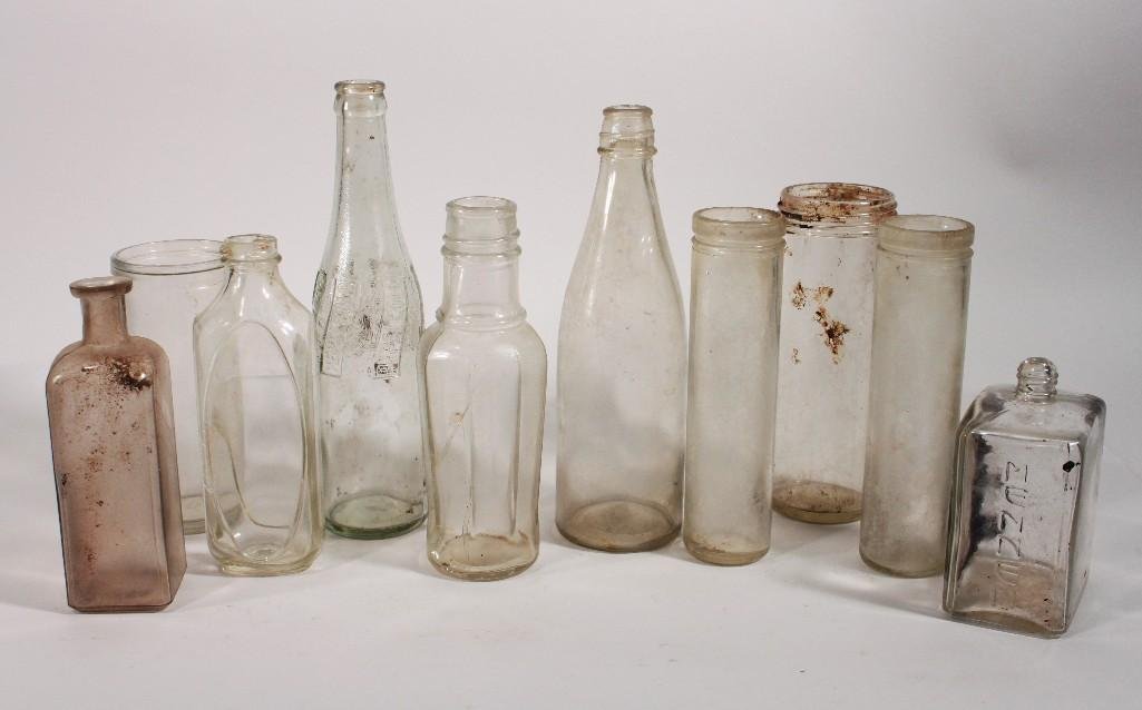 Vintage Clear Glass Bottles and Jars (10): Includes a Pepsi Cola bottle, four jars an six bottles Ranging from 5 inches to 9.5 inches tall.