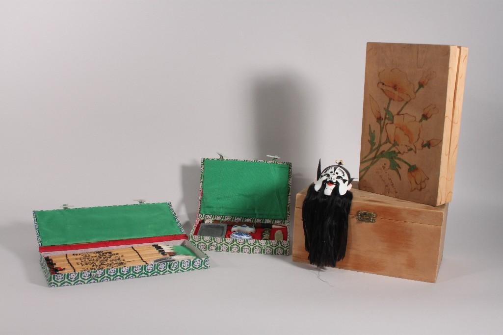 Chinese Calligraphy Brush Sets and Empty Boxes: Two nice sets of calligraphy tools, includes stamp, ink holder, brushes and more. Two empty wood boxes, one is hand painted. Also includes a small ceramic Chinese mask.