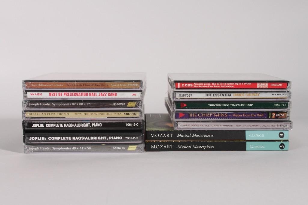 CD collection (13): Cd titles include: The Complete Rags of Scott Joplin, Royal Philharmonic Orchestra, Spanish Fiesta Royal Philharmonic Orchestra, Joseph Haydn, Best of Preservation Hall Jazz Band, and more 