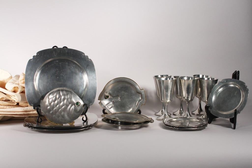 Silver Metal Dish Ware (16): Dinner plates, bread and butter plates, fish design plates, and (4) wine stems 