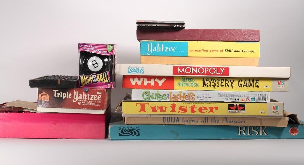 Vintage Board Games (12): Titles include: Triple Yahtzee, monopoly, Risk, Twister, Chutes and Ladders, and more, some are sealed some may be missing pieces 