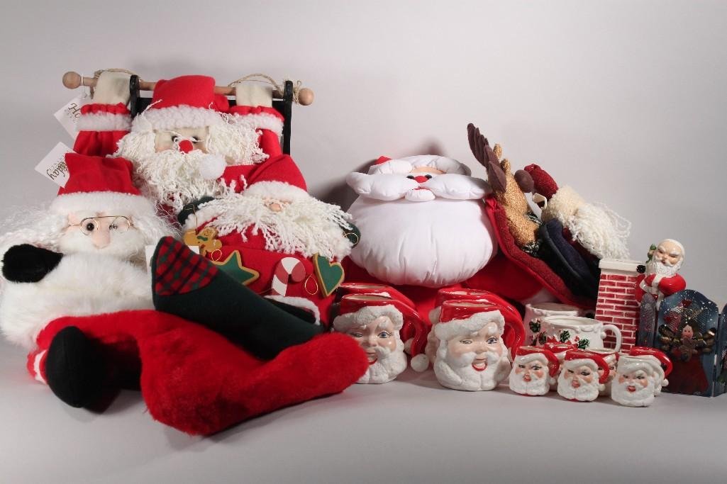Vintage Christmas Decor: Santa mugs and shot glasses, ceramic Santa bank, Glass tree ornaments, stockings and more 