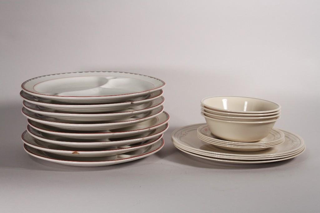 Dishware: Dishes include (8) Toyotoki Kokura Japan divided dinner plates (some chips), (4) Corelle bowls and (8) plates