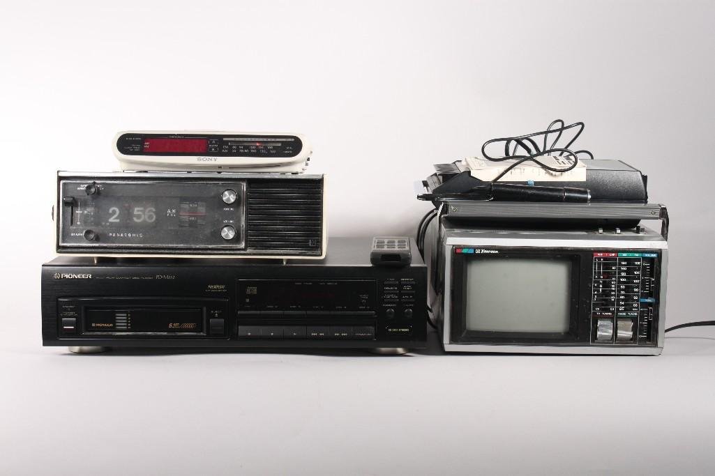 Home Electronics: Lot includes Pioneer multi-play compact six disc player model PD-M552 comes with remote, Emerson 5.5" portable color tv, Panosonic tape recorder model RQ-309AS, and more 