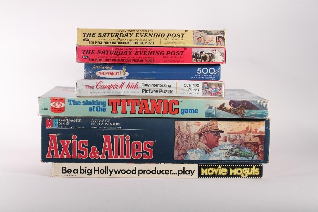 Vintage Board Games & Puzzles (7): Titles include The Campbell Kids picture puzzle, Mr. Peanut puzzle, Axis and Allies game, The Titanic, and more 