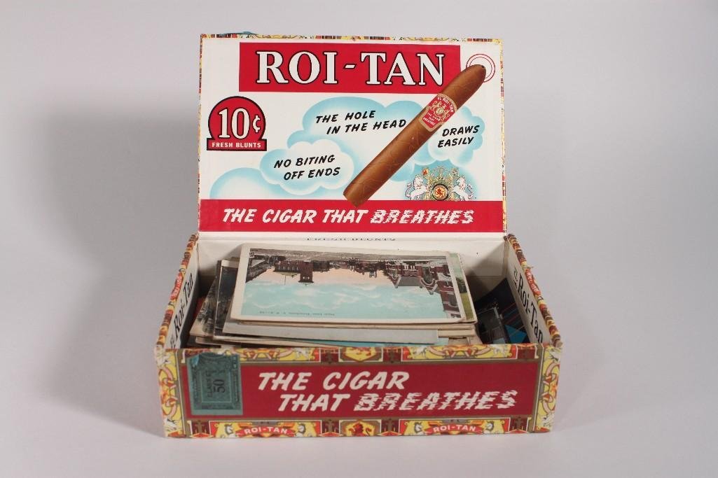 Cigar Box With Ephemera: Lot includes vintage postcards, Die Mosel postcard book, and more 