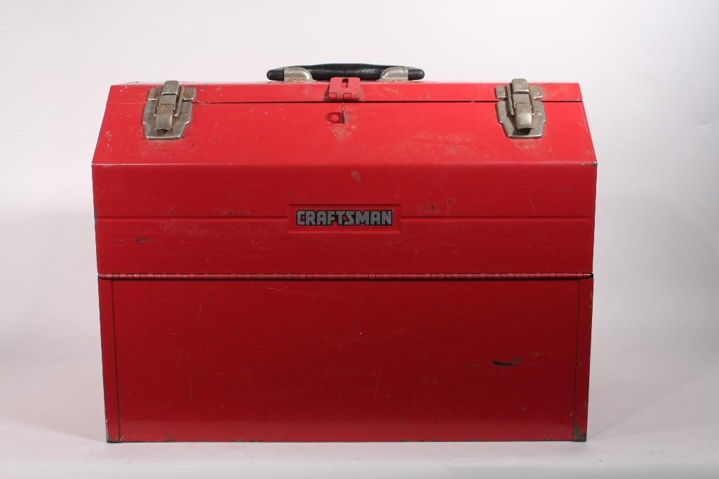 Craftsman Toolbox With Contents: Toolbox measures 13" tall, 18" wide, 10" deep. Contents include cable ties, vinyl hose washers, and more.
