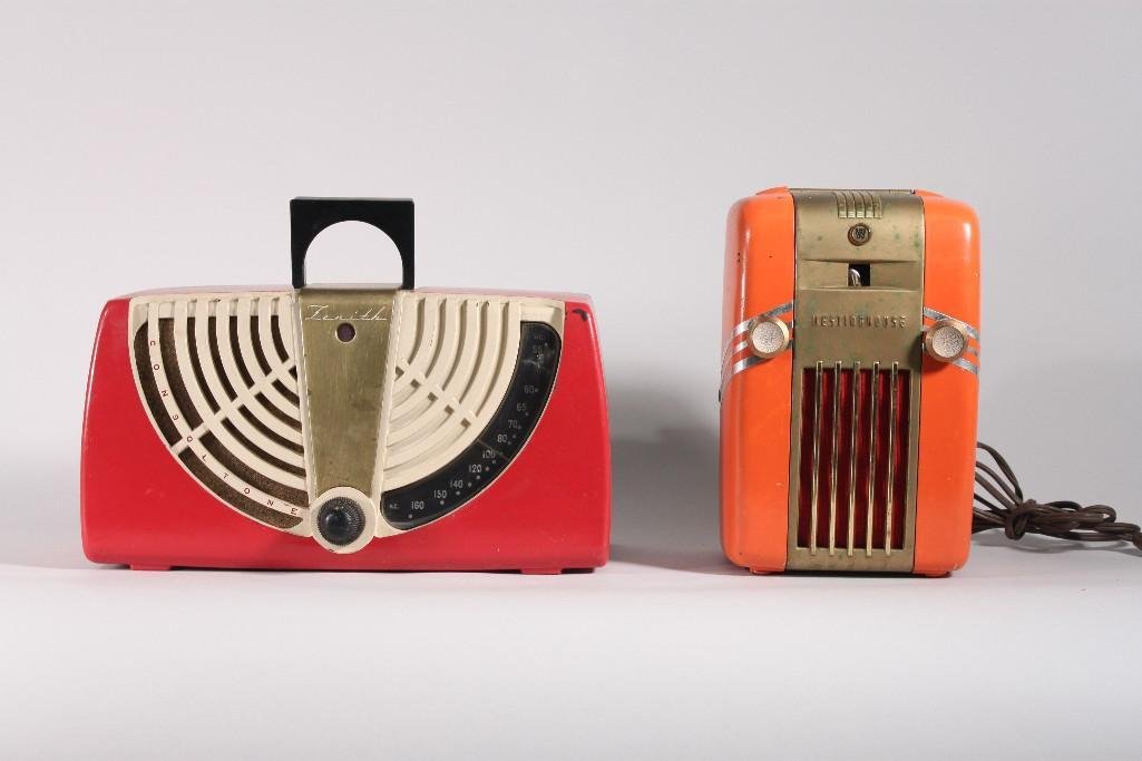 Vintage Westinghouse and Zenith Radios (2): Orange Westinghouse radio is 9" tall. Red Zenith Consoltone radio is 6.5" tall. all have chips and scratches and show wear