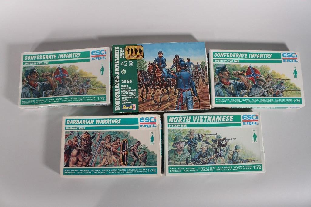 Revell and ESCi ERTL Model Figures (5): ESCi ERTL model figures include Confederate Infantry (2), North Vietnamese, and Barbarian Warriors. Revell figures are Union Artillery.