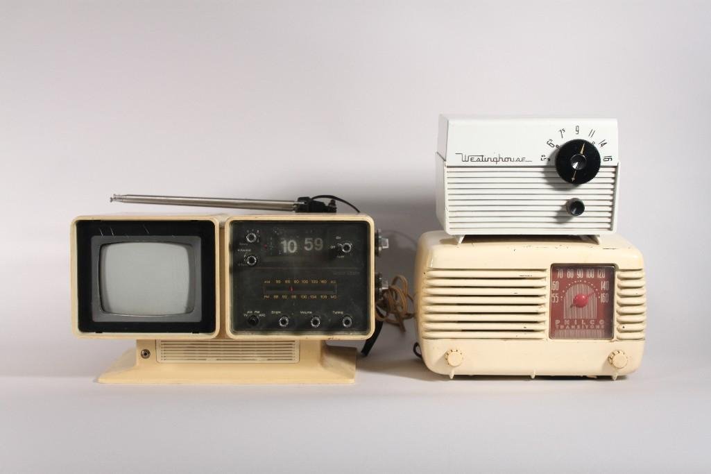 Vintage Westinghouse, Philco, and Solid State Radios: White Westinghouse radio is model H648T4. Cream Philco radio is model 48-225. Solid State is a clock radio and TV combination, model AT 059Y. all has chips and scratches and show wear