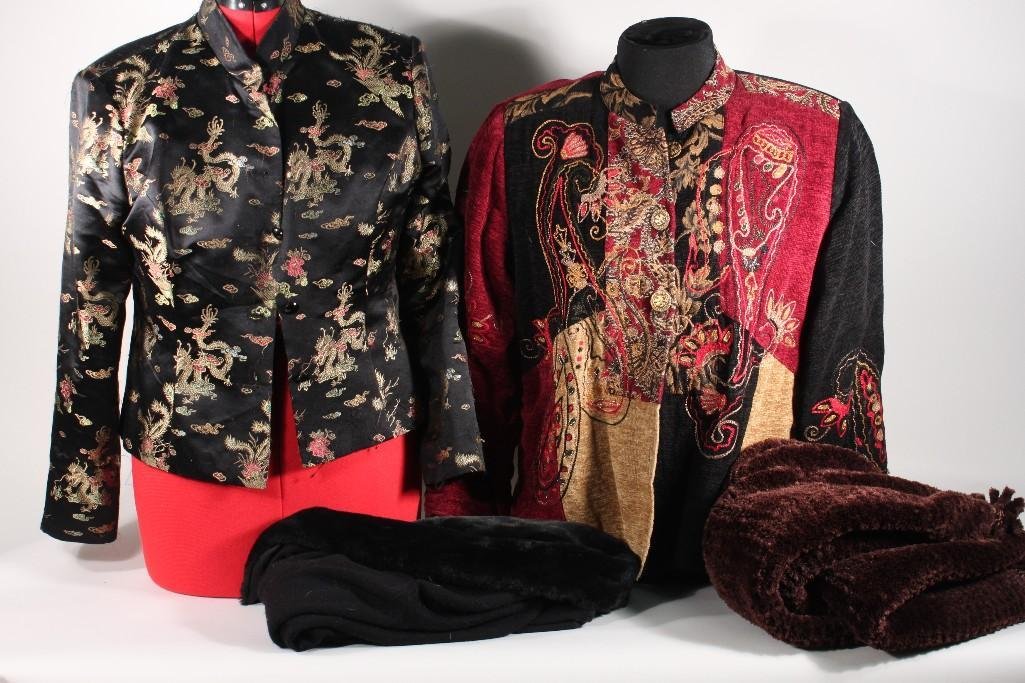 Ladies Dress Jackets (4): Julia Kim Embroidered jewel tone jacket (L), MSK Asian style button up silk jacket (L), Alfani sweater with faux fur color (L), and more 