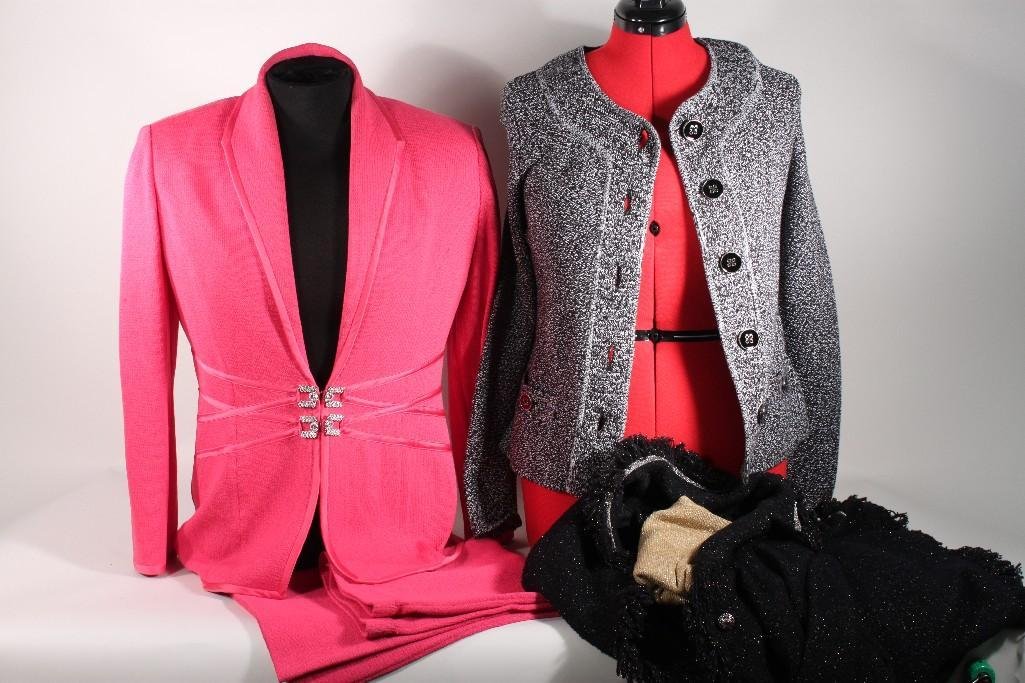 St John, Ladies Knitted Sweater Jackets (3): St. John Evening Pink jacket and skirt (size 14), Charter Club knitted grey cardigan (S) new with tags, and a St. Johns black knitted jacket with gold silk sleeveless turtle neck by August Silk S