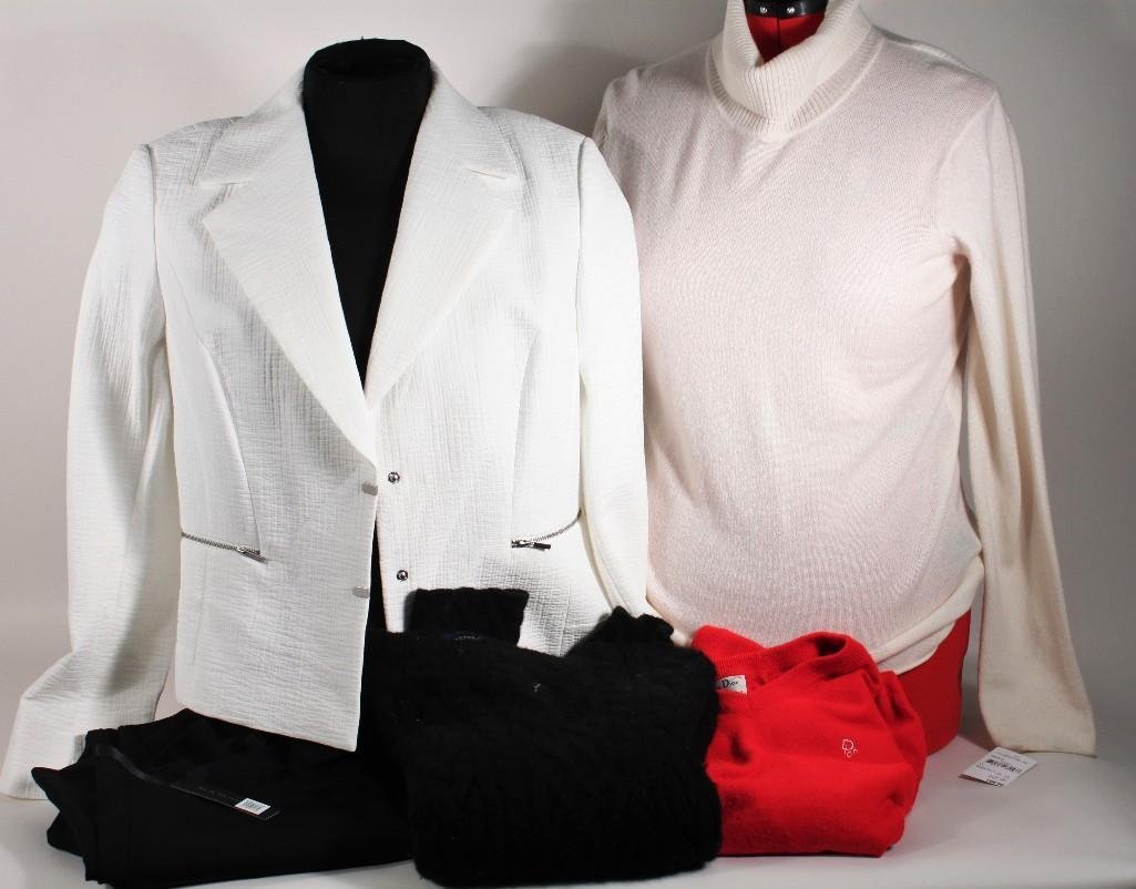 Ladies Sweaters and Suits: Pure Amici cashmere turtle neck (XL) new with tags, White cotton Classiques Entier blazer (XL) new with tags, Elietahari rayon slacks (16) new with tags and a Christian Dior (M) Orlon,