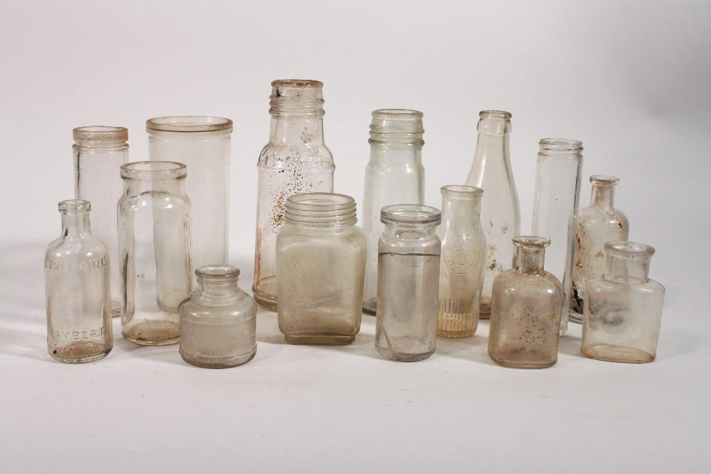 Vintage Bottles and Jars (15): Includes Ink jars, apothecary bottles, small soda bottles and more. One marked Listerine/Lambert. Sizes rage from 2 3/4 to 7 1/2 inches tall.