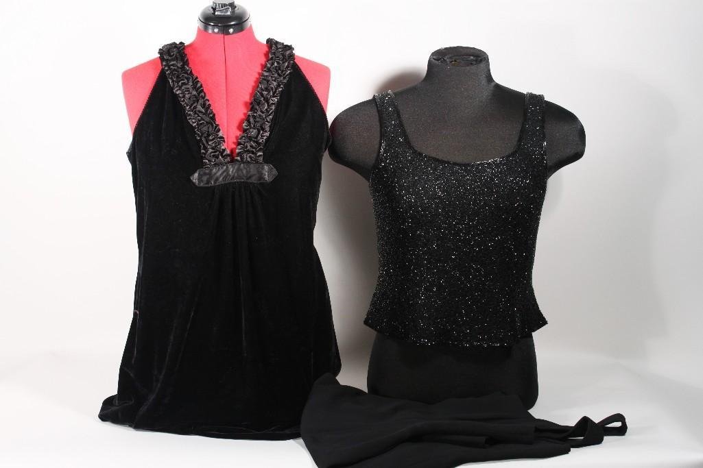 Formal Evening Wear(3): Beaded top by Sean Collection,and is XLG, shell is 100% pure silk. Black dress by Andrea Polizzi for Rex Lester, is a size 12. Black velvet Dress is by Max Studio,still has tags and is a LG. 