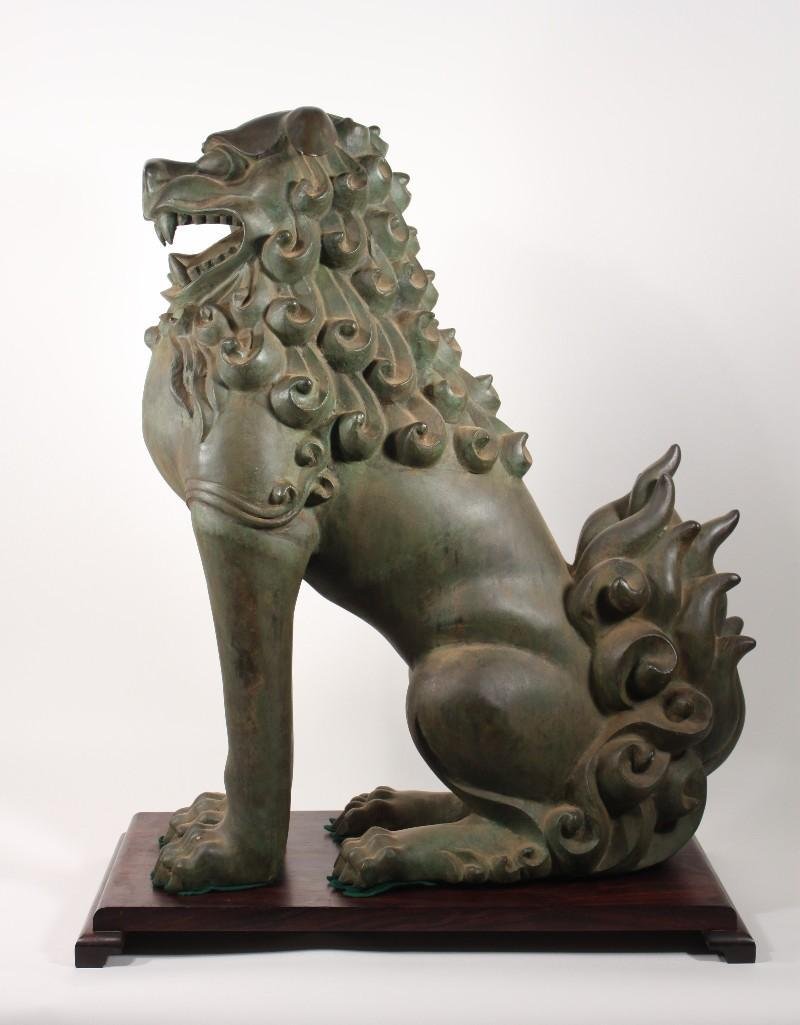 Vintage Asian Metal Foo Dog Statue: Large Asian Metal Foo Dog Statue, 32 inches tall on a wood stand. 24 inches deep. Wood stand measures 14 by 25 inches.